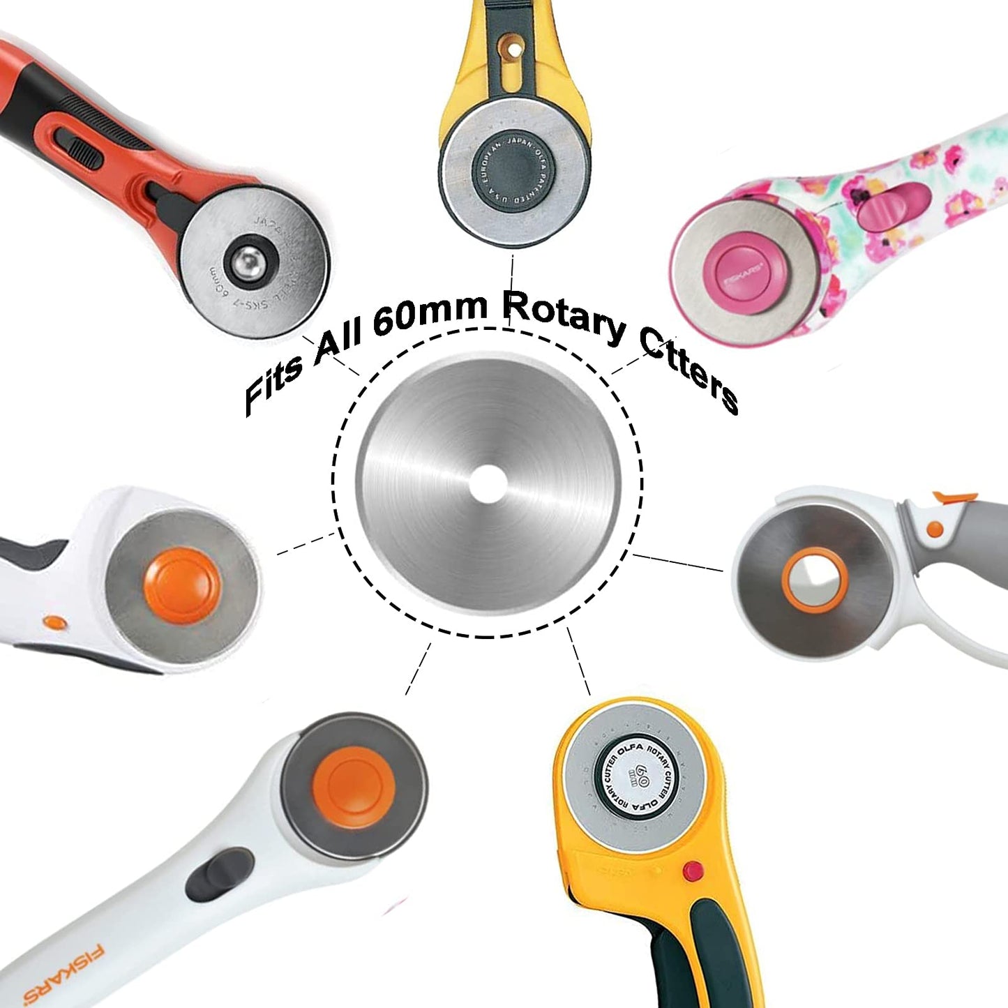 60mm Rotary Cutter Blades 5-Pack Replacement Blades Fits Fiskars, OLFA,Martelli,Dremel,Truecut,DAFA for Quilting Scrapbooking Sewing Arts & Crafts Sharp and Durable Cutter Blade (silver)