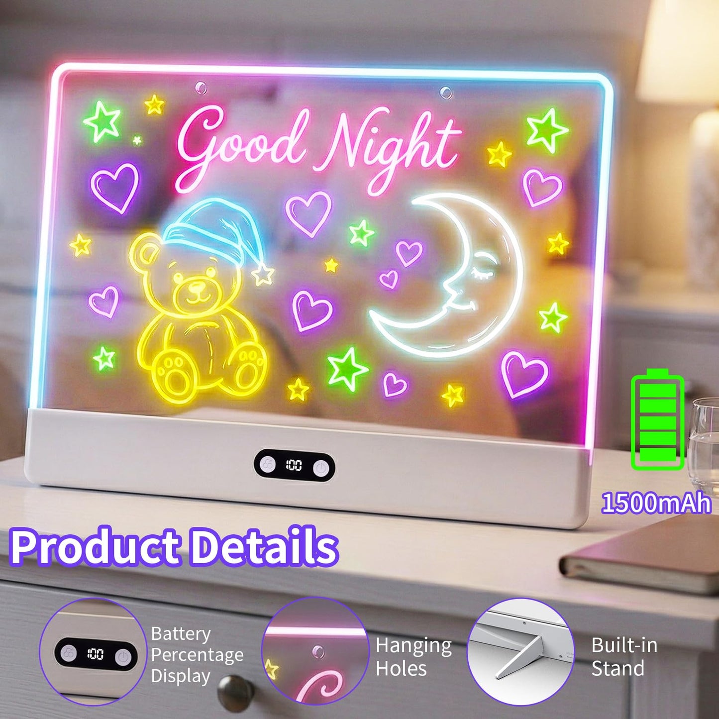 KOBAIBAN LED Drawing Board for Kids, 16” Rechargeable Light Up Drawing Pad with 1500mAh Battery, 11 Light Modes Neon Dry Erase Board, LED Note Pad for Message, Night Light, Gifts for Girls Boys