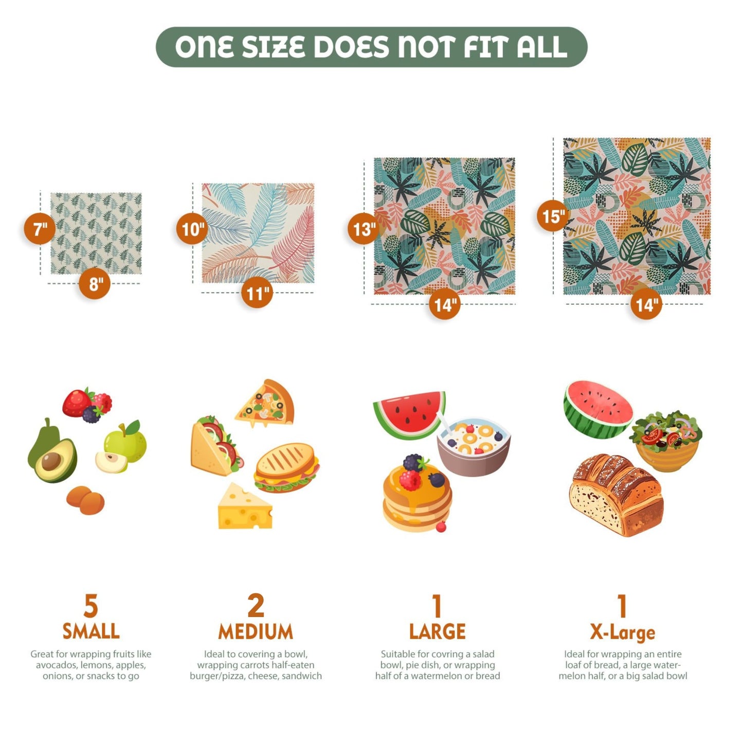 Akeeko Reusable Beeswax Food Wraps - Assorted 9 Packs, Reusable, Plastic-Free Food Storage, 5 Small, 2 Medium, 1 Large Wraps, 1 Extra Large with Tropical Leave Pattern