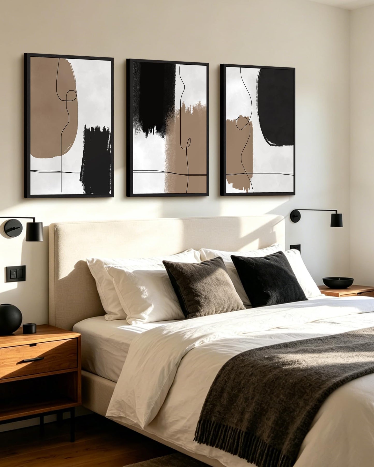KUVIOKE Neutral Abstract Framed Wall Art Beige Mid Century Textured Wall Decor Minimalist Line Modern Illustrations Art Print Home Decor 24x36in (Black Framed)