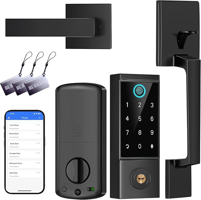 BEBASIA Smart Door Lock with Front Door Handle Set, Heavy Duty Fingerprint Handleset, Keyless Entry Smart Deadbolt for Front Door, Bluetooth Keypad Digital Lock Black