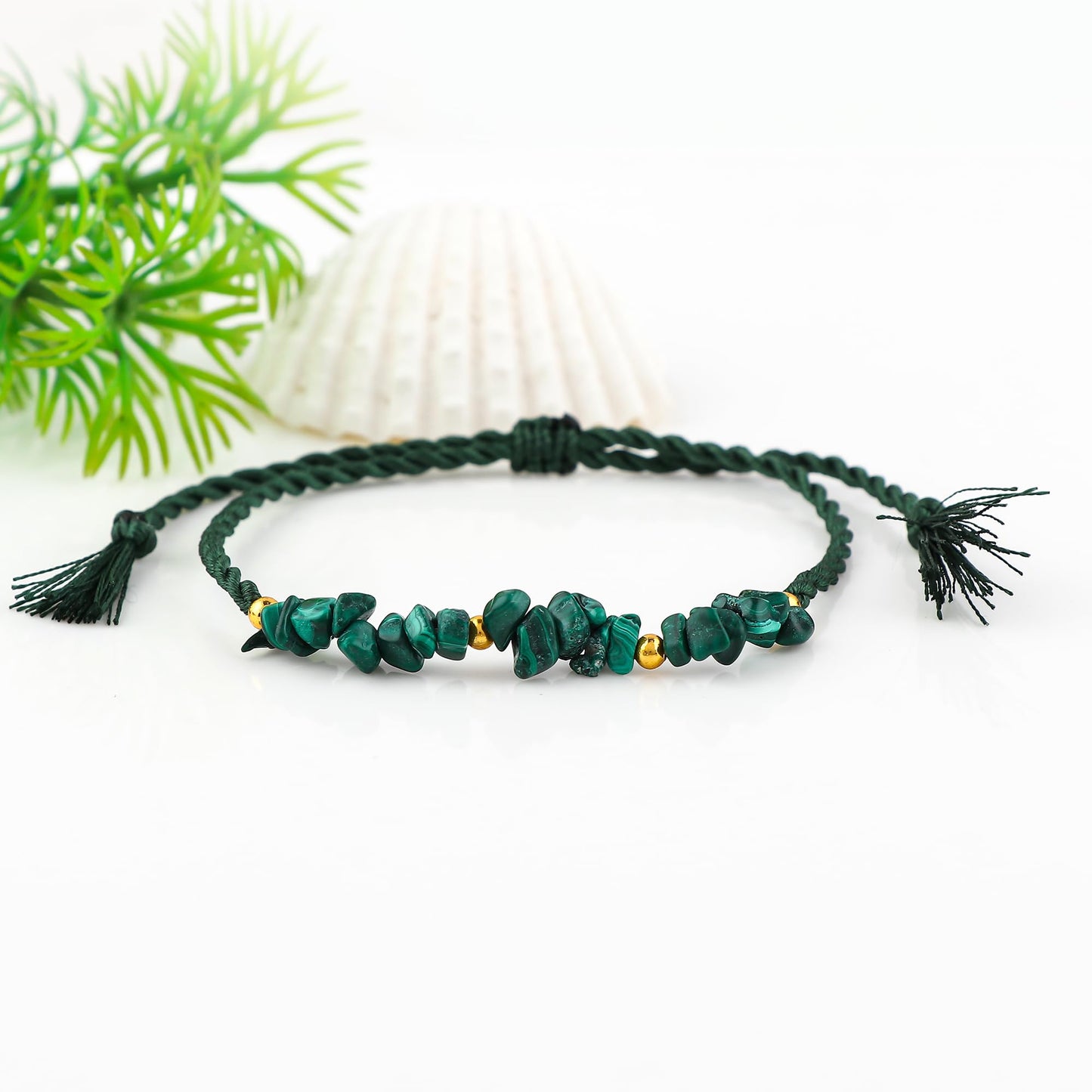 GEMSYMPHONY Malachite Gemstone Chips Rope Bracelet – Adjustable Handmade Crystal Chip Bead Bracelet for Women & Men, Natural Stone Healing Jewelry, Boho Style, Unisex Spiritual Gift