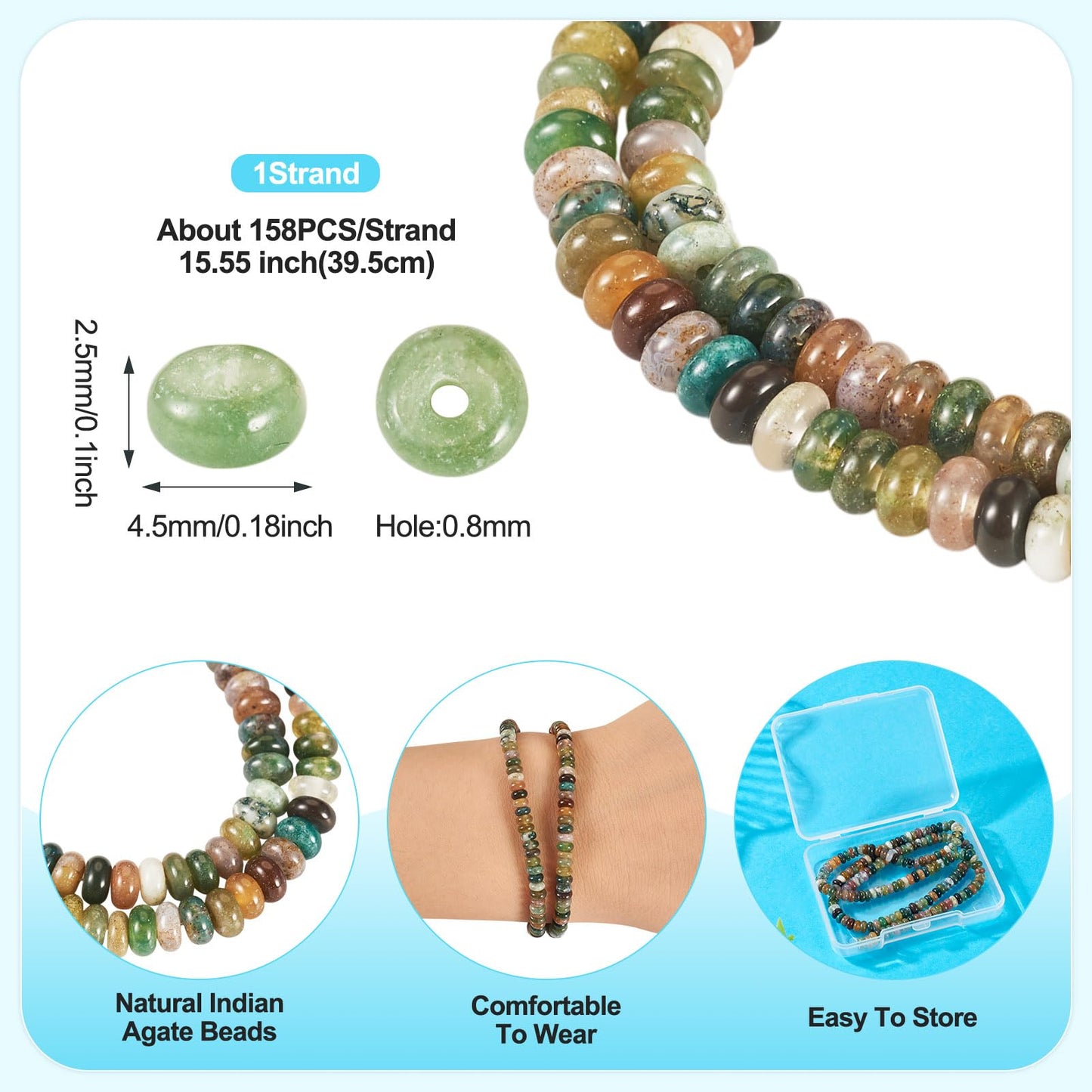Beadthoven 1 Strand/158pcs Natural Indian Agate Gemstone Rondelle Beads 4x2mm Flat Round Disc Energy Healing Crystal Chakra Stone Beads Spacers for Jewelry Making Bracelets Necklaces DIY Crafts