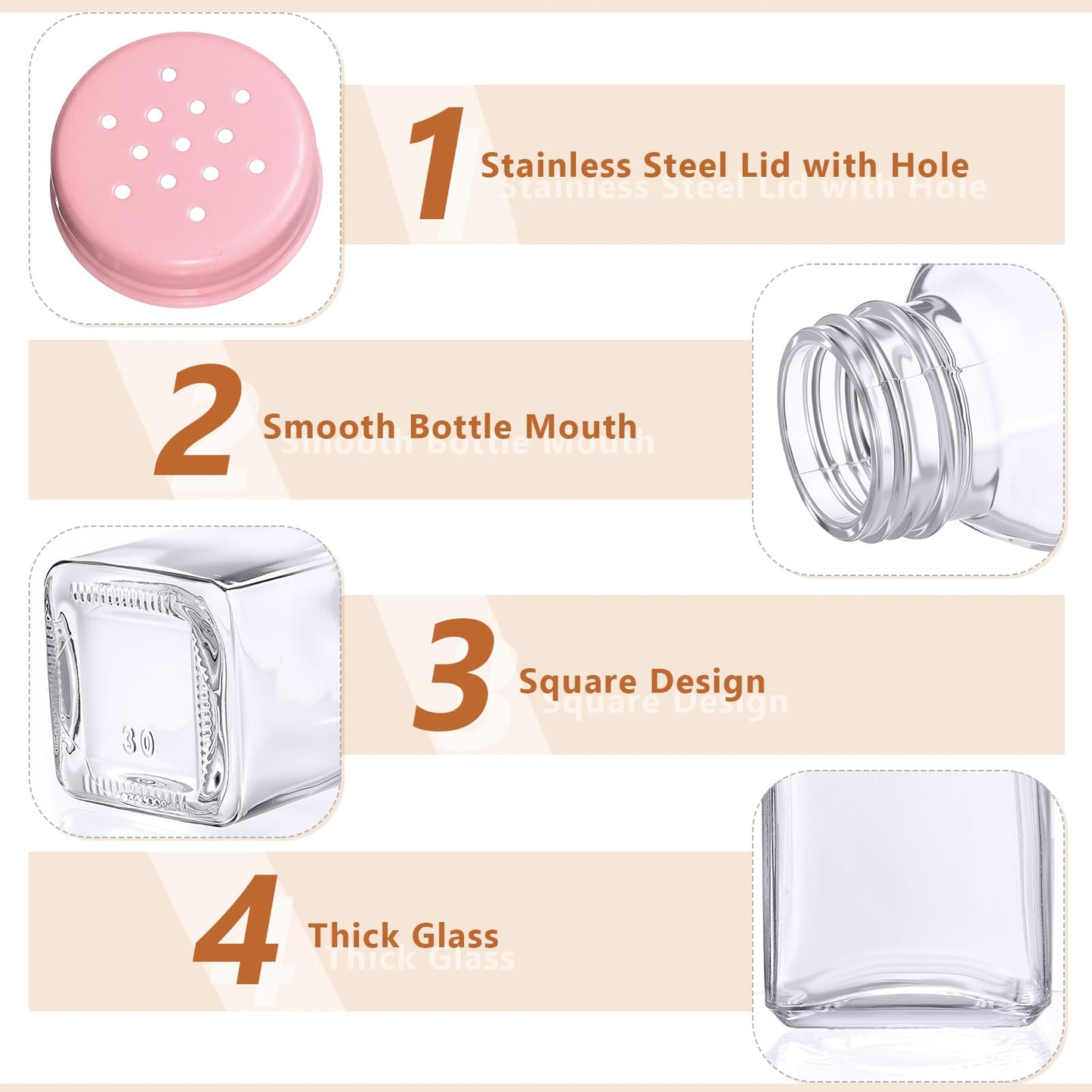 Bokon 48 Pack Glass Salt Shaker Bulk with Stainless Lids 2.7oz Small Spice Shaker for Kitchen Restaurants and Catering Wedding Party Supplies (Pink,Classic)