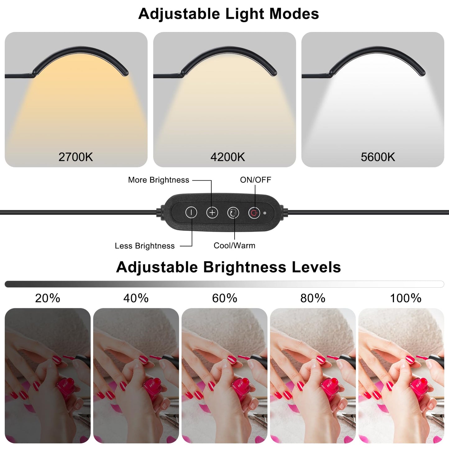 ZEKAHOV Professional Half Moon LED Desk Light for Nail Techs & Artists – Flexible Gooseneck Lamp with Clamp, 3 Color Modes & 5 Brightness Levels for Manicure, Tattoo, Beauty Work