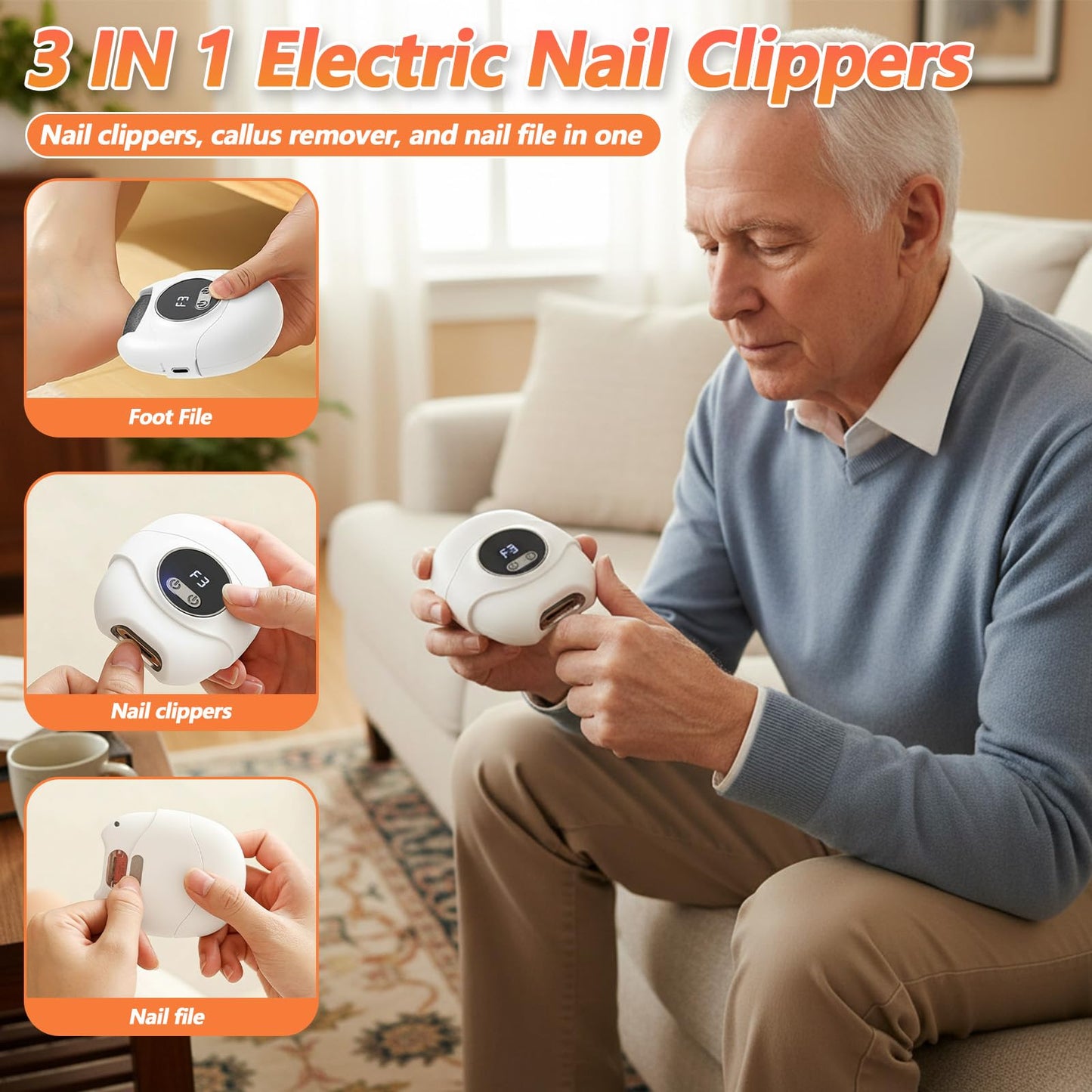 Risirica 3 in1Electric Nail Clippers,Nail Trimmer with Cocoon Removing Function,Nail Care Tool with 3 Adjustable Speeds, Automatic Electric Toenail Clippers for Seniors, Kids, Adults
