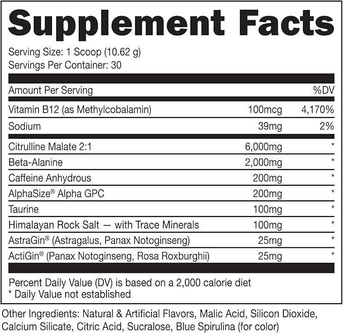 Bucked Up Pre Workout 6 Grams Citrulline, 2 Grams Beta Alanine, and 3 Other Registered trademarked Ingredients (Blue Raz)