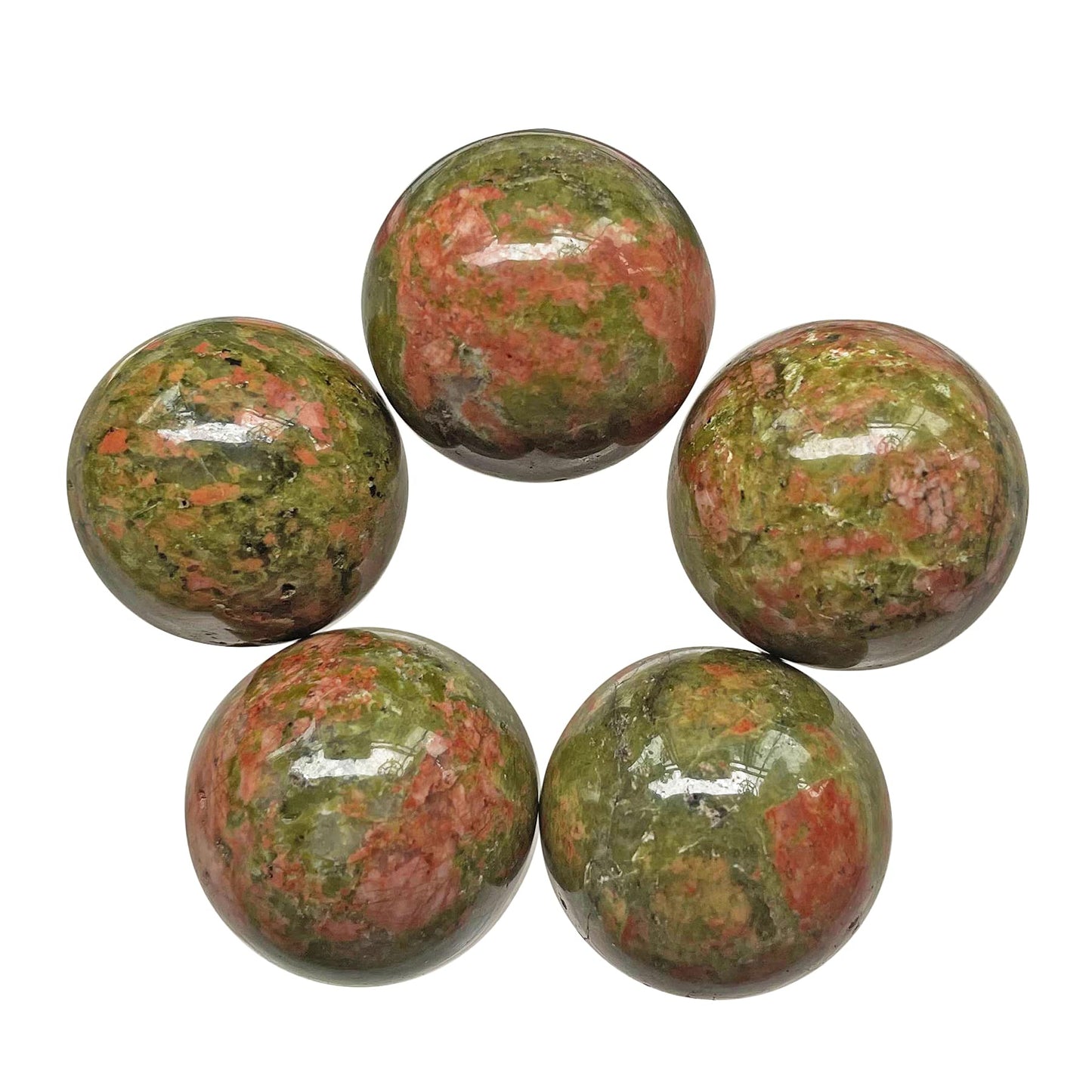 Fekuar 5 Pcs Unakite Crystal Sphere Ball Set, Polished Healing Energy Mineral Gemstone Balls for Reiki Chakra Decoration Fengshui 20mm