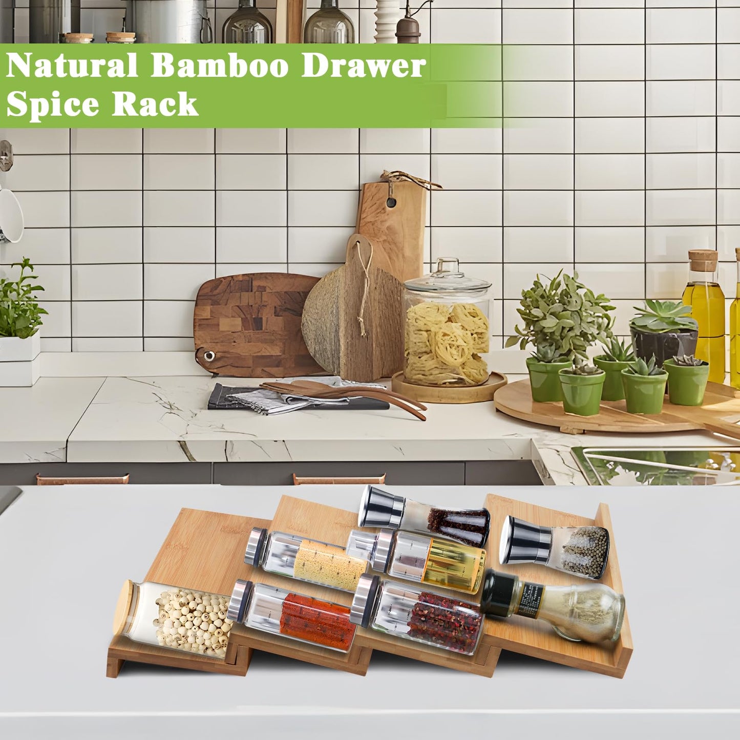 Bamboo Spice Drawer Organizer, 4 Tier Stackable Spice Rack for Cabinet, Seasoning Storage Organization，13'' Wide