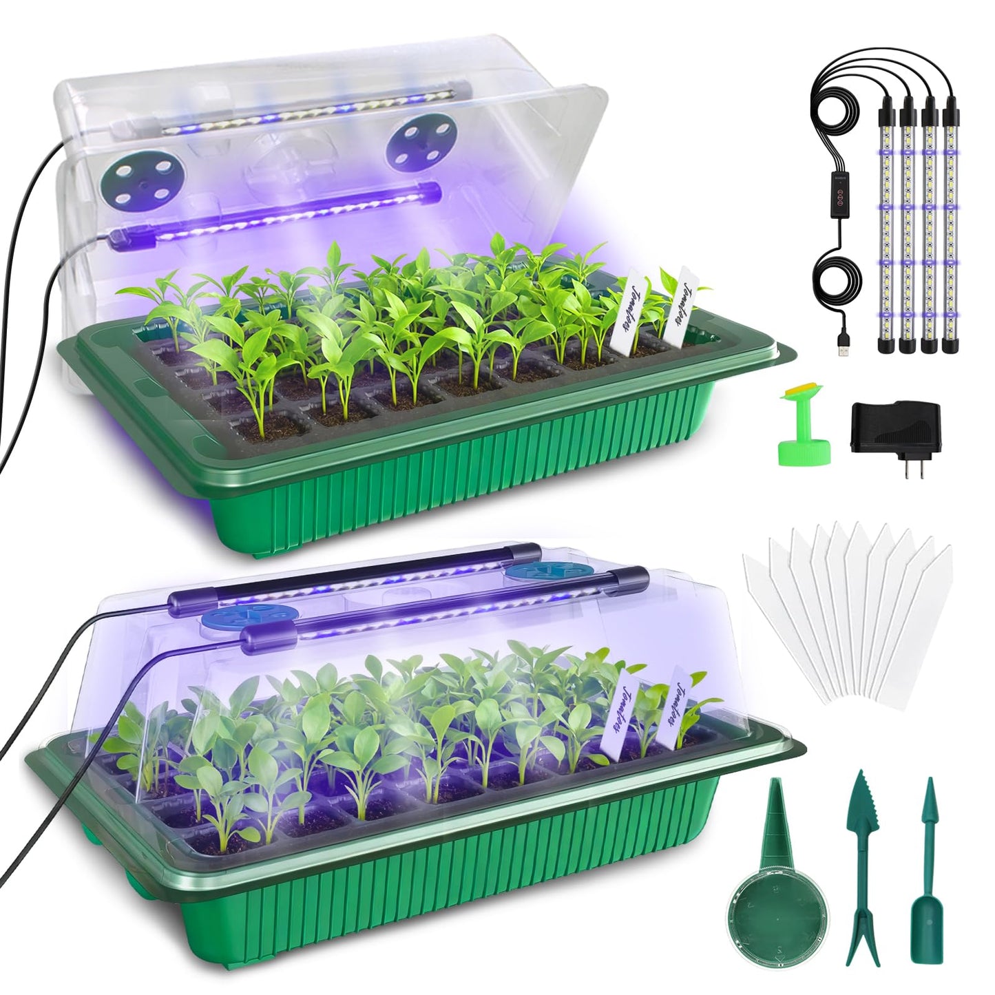 MQUPIN 80-Cell Seed Starter Tray with Grow Light, 2-Pack Adjustable Brightness Seed Starter Kit with Humidity Dome,Smart Timer,Watering Sprayer,Seeder,Plant Germination Kit for Seeds Growing