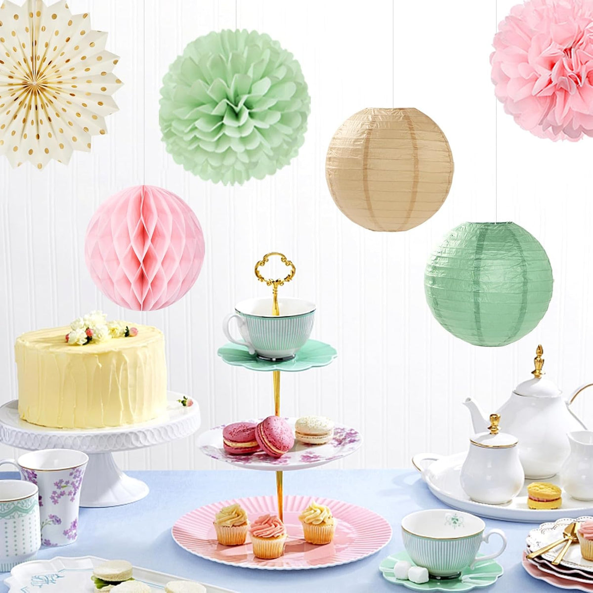Sage-Green Pink-Champagne Party-Decorations Streamers Lanterns - 14pcs Neutral Baby Shower Paper Fan,Tissue Pom Poms,Honeycomb Balls,Boho Wedding Engagement Bachelorette Birthday Bridal Decor Ouruola