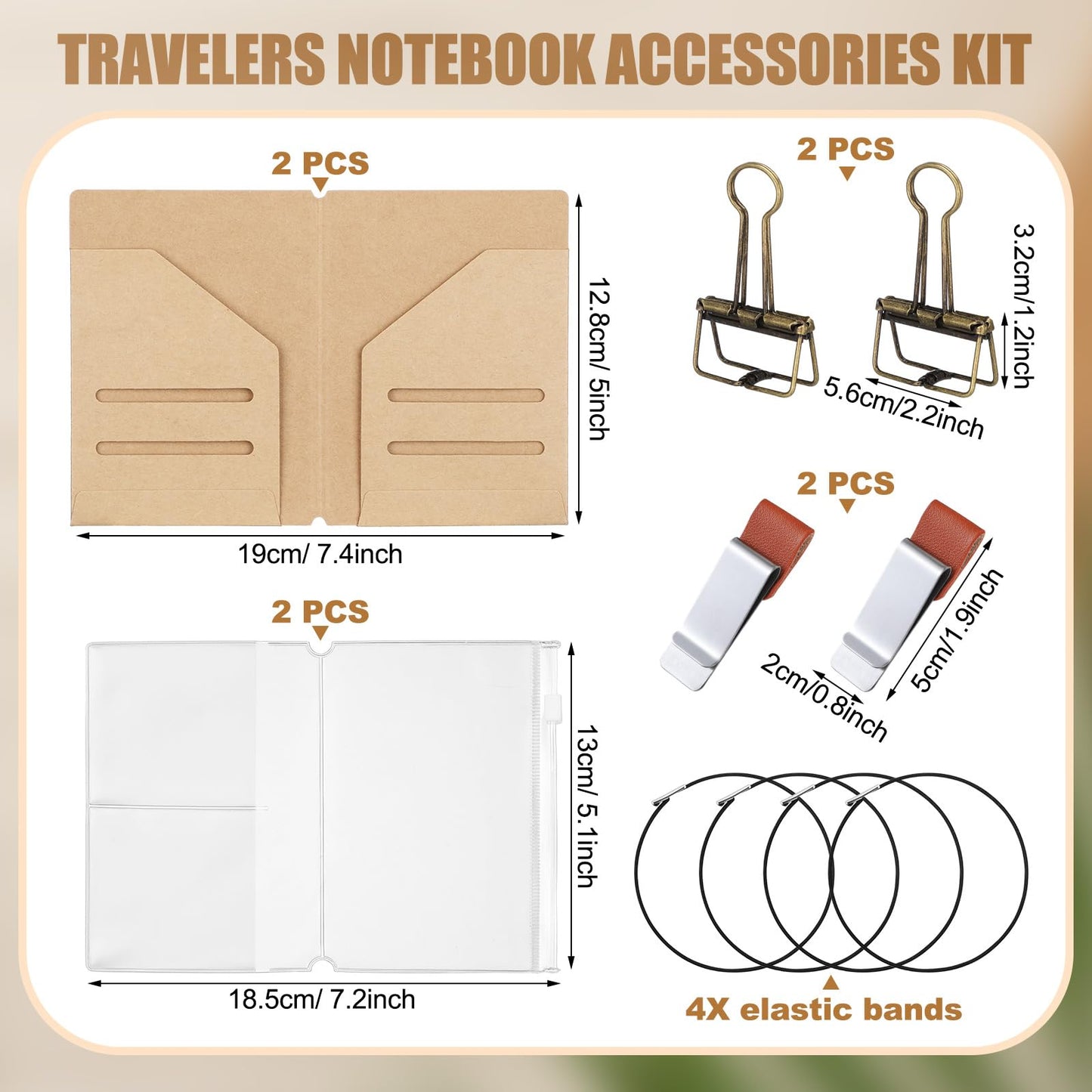 Travelers Journal Notebook Accessories Kit Include Travel Kraft File Folder, Zipper Case, Pen Holder, Binder Clip and Elastic Bands Travel Accessories Supplies(2 Pack,Passport Size)
