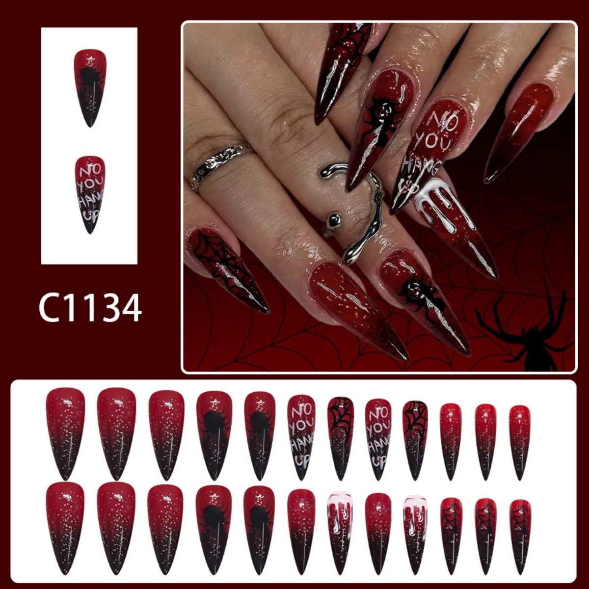 Halloween Press on Nails Medium Stiletto Fake Nails Spider and Spider Web Design Stick on Nails Vampire False Nails Red Glossy Handmade Acrylic Glue on Nail for Women Manicure 24Pcs