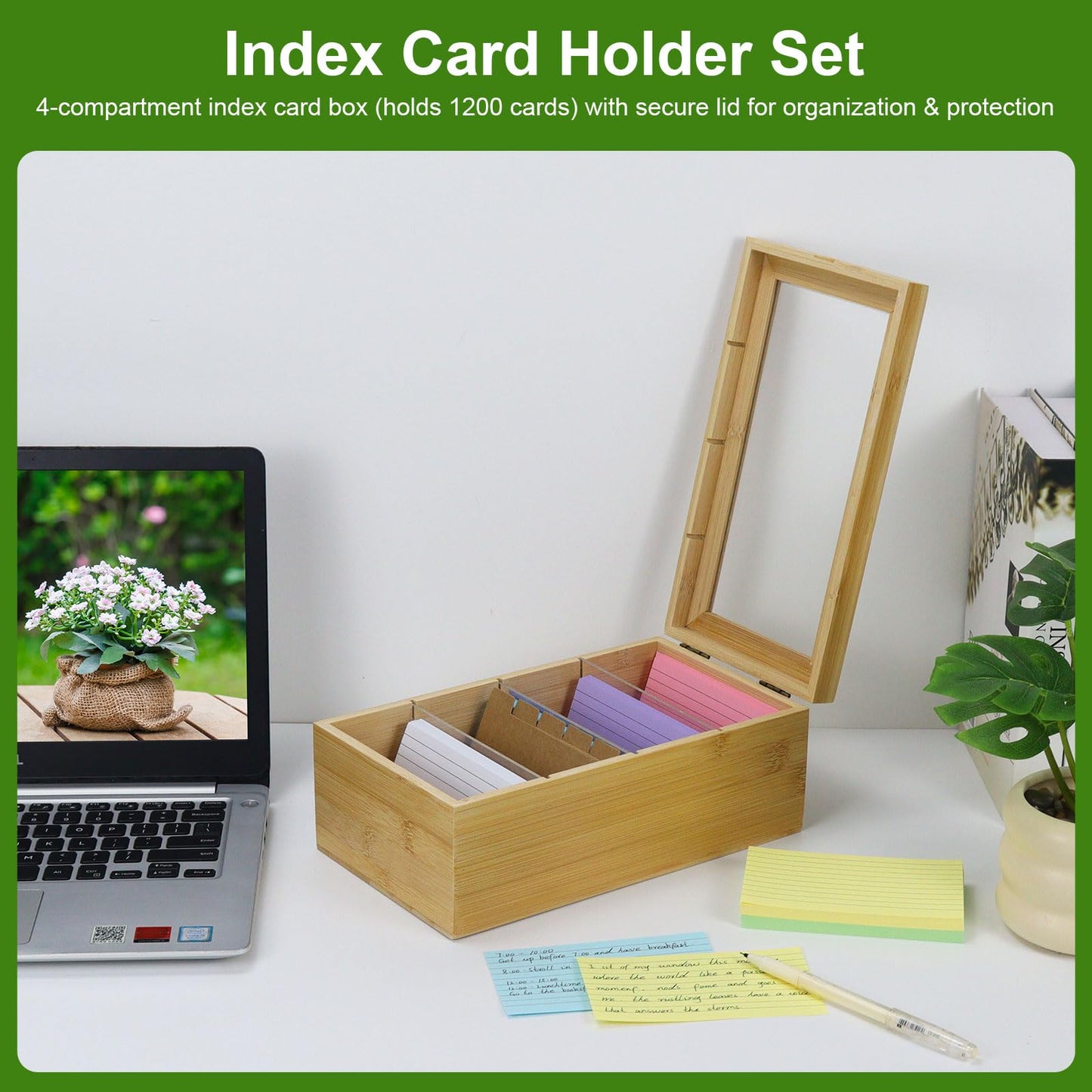 MultiBey Bamboo Index Card Box Organizer, 3x5 Inch with 300 Lined Cards & 3 Acrylic Dividers, Index Cards Storage Kit - Wood Recipe Box With Lid for Home & Office Study