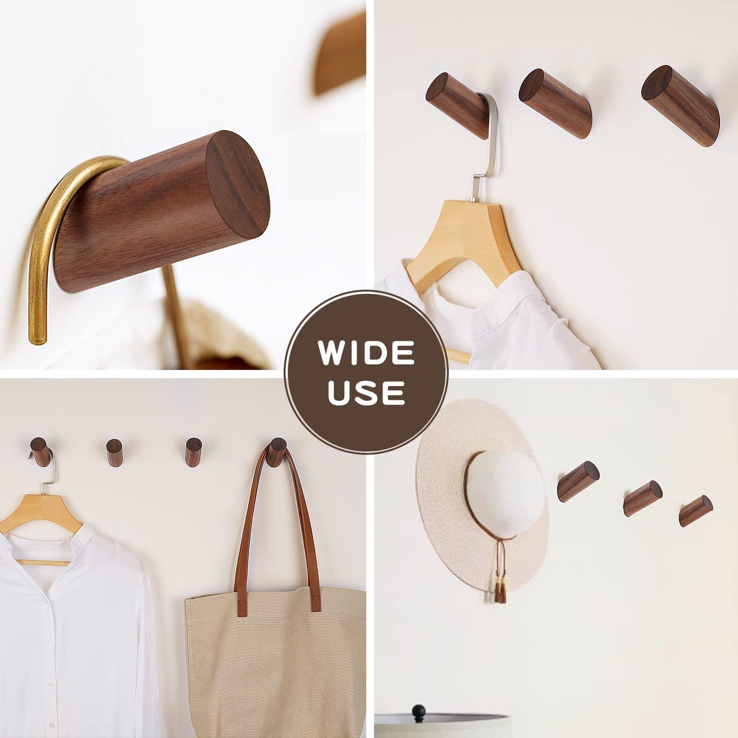 Felidio Wooden Wall Hooks, 2 Pack Coat Hooks Wall Mount, Natural Wood Hooks Coat Rack, Heavy Duty Hooks for Hanging Towels Entryway Coats Hat Rack for Wall (Walnut Wood)
