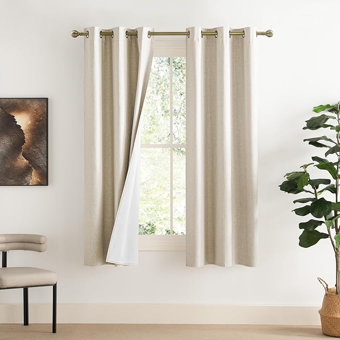 NICETOWN 100% Blackout Linen Texture Curtains 72 inches Long, Beige, 2 Panels, Thermal Insulated Full Blackout 2-Layer Lined Drapes, Energy Efficiency Window Draperies for Boy's Room
