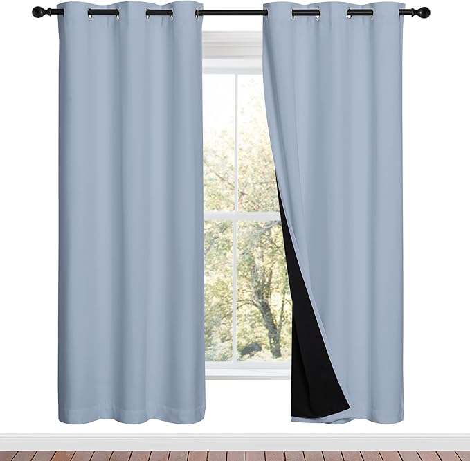 NICETOWN 100% Blackout Window Curtain Panels, Vintage Blue, 2 Pieces, 42-inch Wide Per Panel, Full Light Blocking Drapes with Black Liner for Nursery, 72-inch Drop Thermal Insulated Draperies