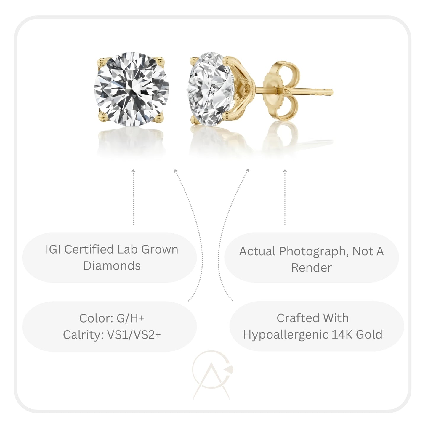 1/2 Carat Brilliant Cut Lab Grown Diamond Round Stud Earrings for Women in 14k Yellow Gold (G-H Color, VS1-VS2 Clarity, cttw) 4-Prong Classic Push Back Studs by Carbon Atelier