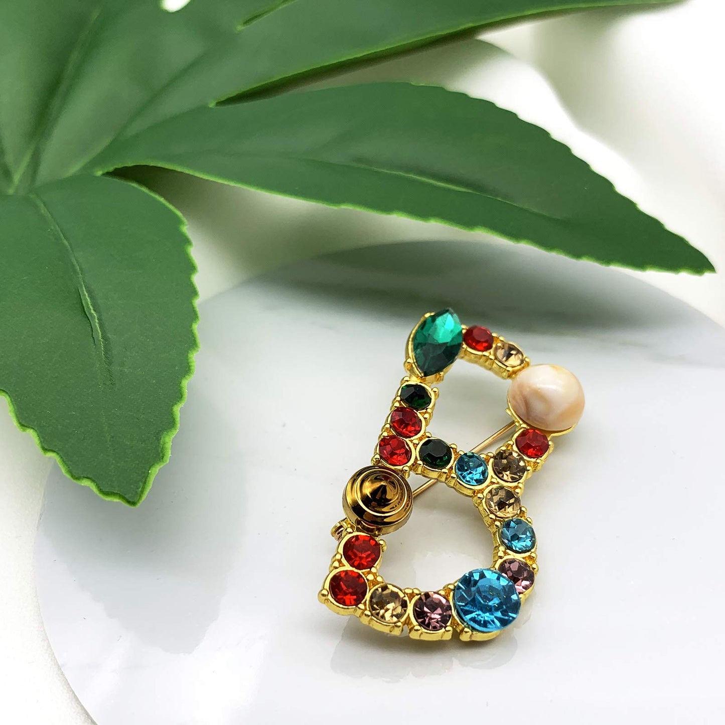 XGALBLA Letters B Plated Metal Stone Clear Colorful Crystal Lapel Pin Brooches Collar(Gold Tone)