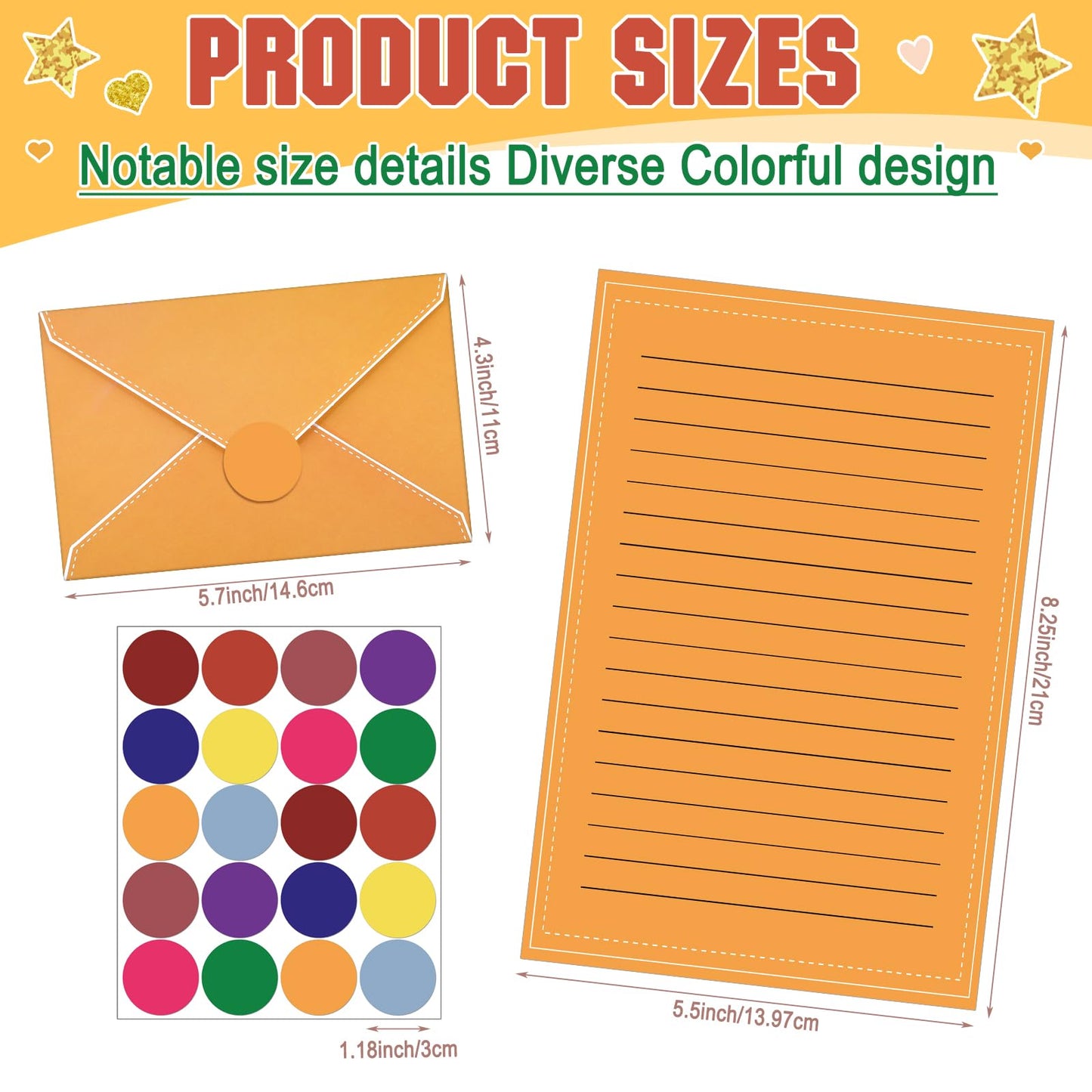 TaoBary 160 Packs Stationery Paper Set (50 Double Sided Stationery Writing Papers 50 Matching Envelopes) 60 Round Dot Sticker, 10 Design (Bright Color)