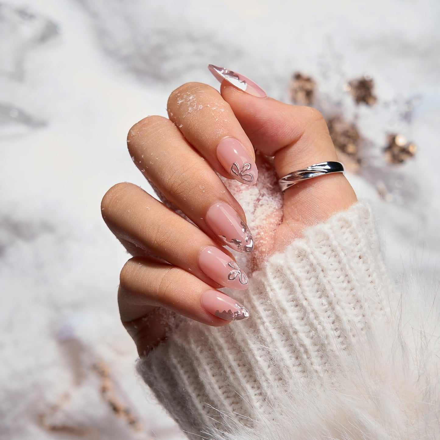 BTArtbox Press On Nails Short - Frost Glam, Lamp-Curable 3D Silver Flower Almond Press On Nails with Glue and Adhesive Tabs for Women in 16 Sizes - 32 Soft Gel Glue On Nails Kit