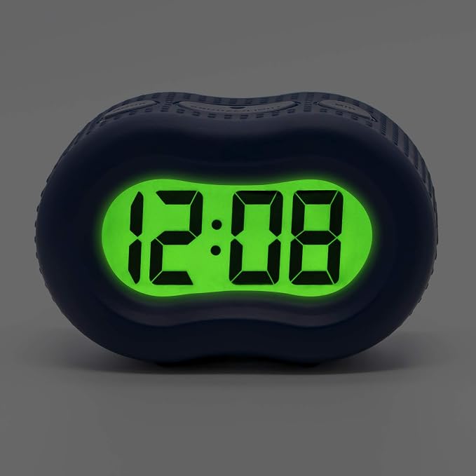 Timelink Smartlight Rubber Alarm Clock with Automatic Night Light and Large Display ?€? Easy-to-Use Digital Alarm with Snooze, Soft Rubber Case, Battery Operated, for Kids and Adults (Blue)