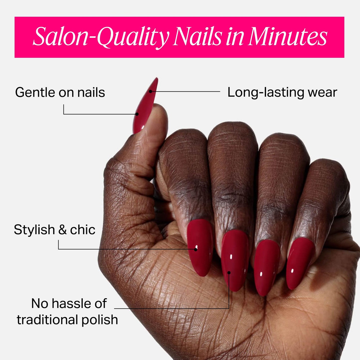 Nailboo Press On Nails, Salon-Quality Reusable Fake Nails for Fast DIY Manicure with Strong Hold Nail Glue for Press Ons, Nail File, & Alcohol Prep Pads, Cherry Chills