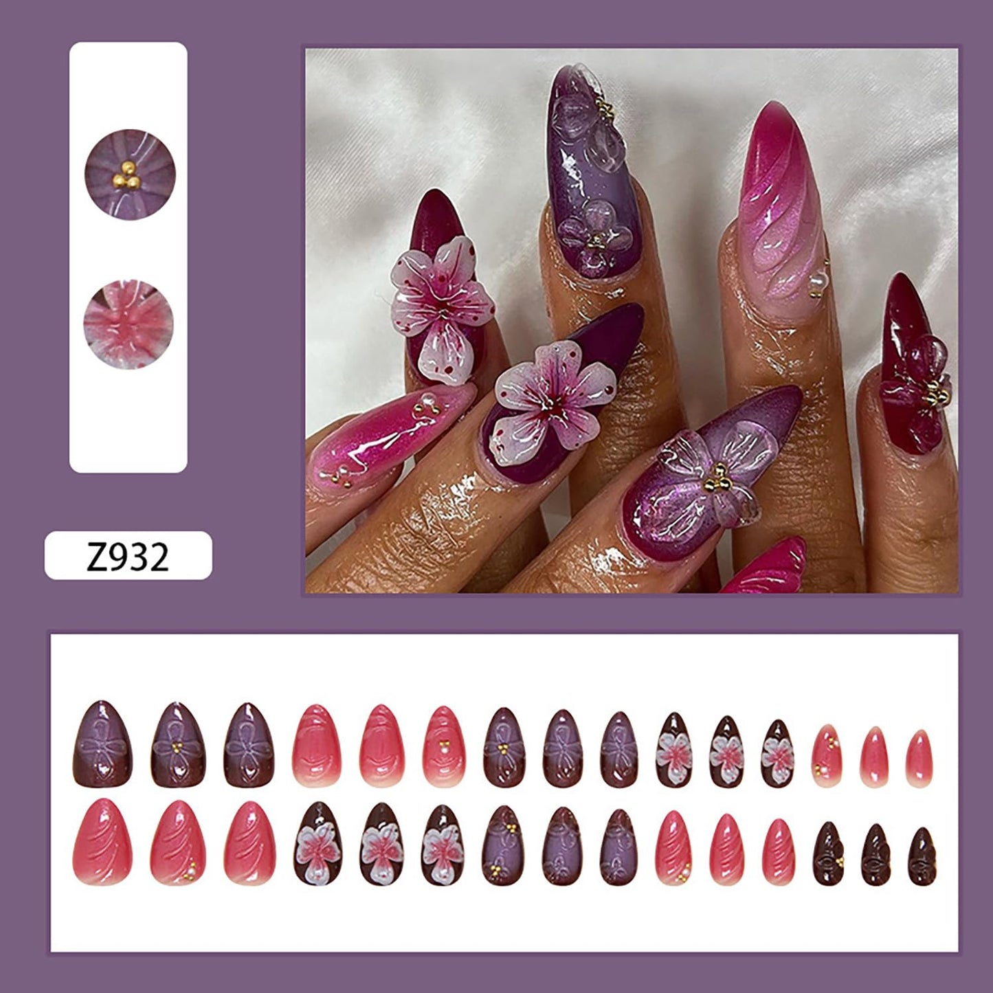 Flower Press on Nails Medium Almond 3D Stereoscopic Floral With Pearl Design Coffin Acrylic Full Cover Artificial Nails for Women