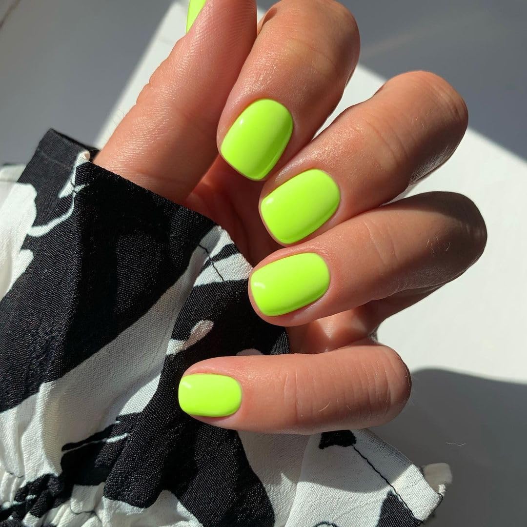 Neon Green Press on Nails Short Square, Acrylic Fake Nails Glue on Short Square Nails Press ons, Soft Gel Glue on Nail Stick on for Women Thick Solid Color 24pcs