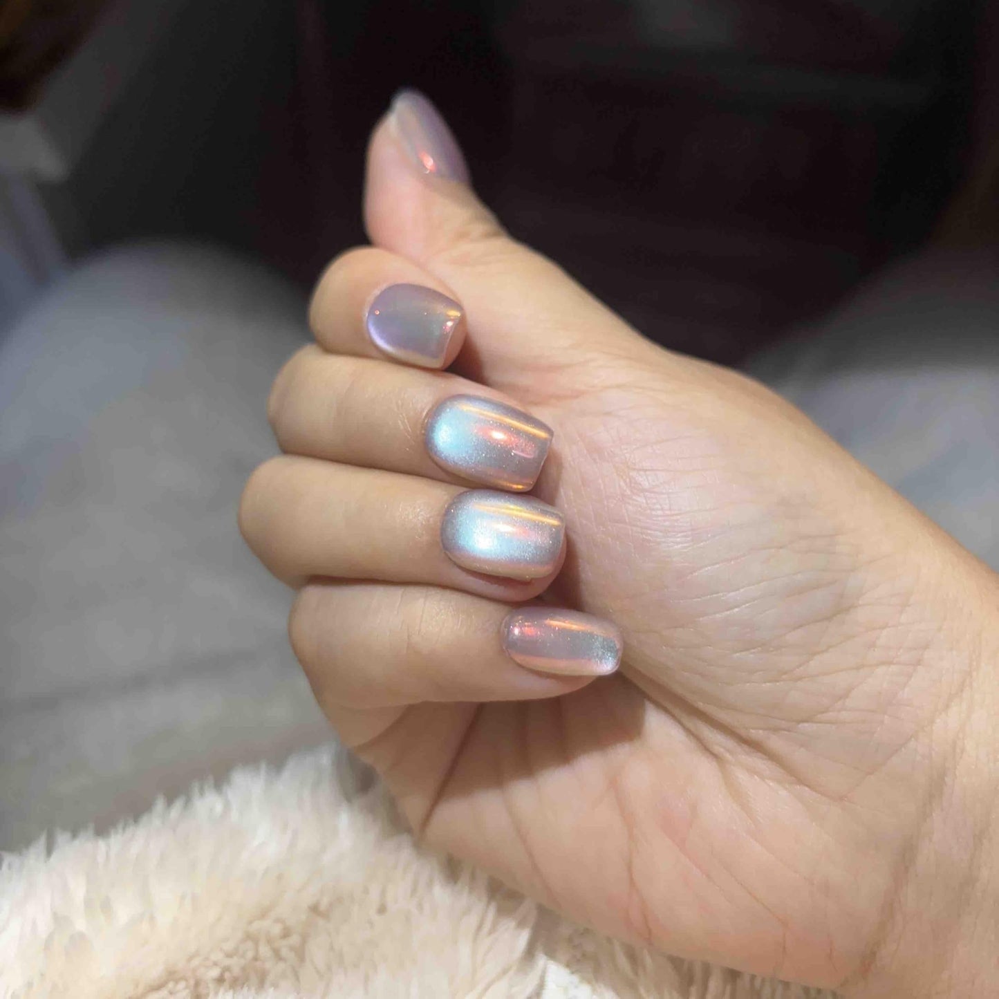 Cat Eye Press on Nails Handmade Short Oval/Square/Round False Nails with French Tip/Aurora/Magnetic Shimmer Designs (Aurora#Square Sunset River, Large)
