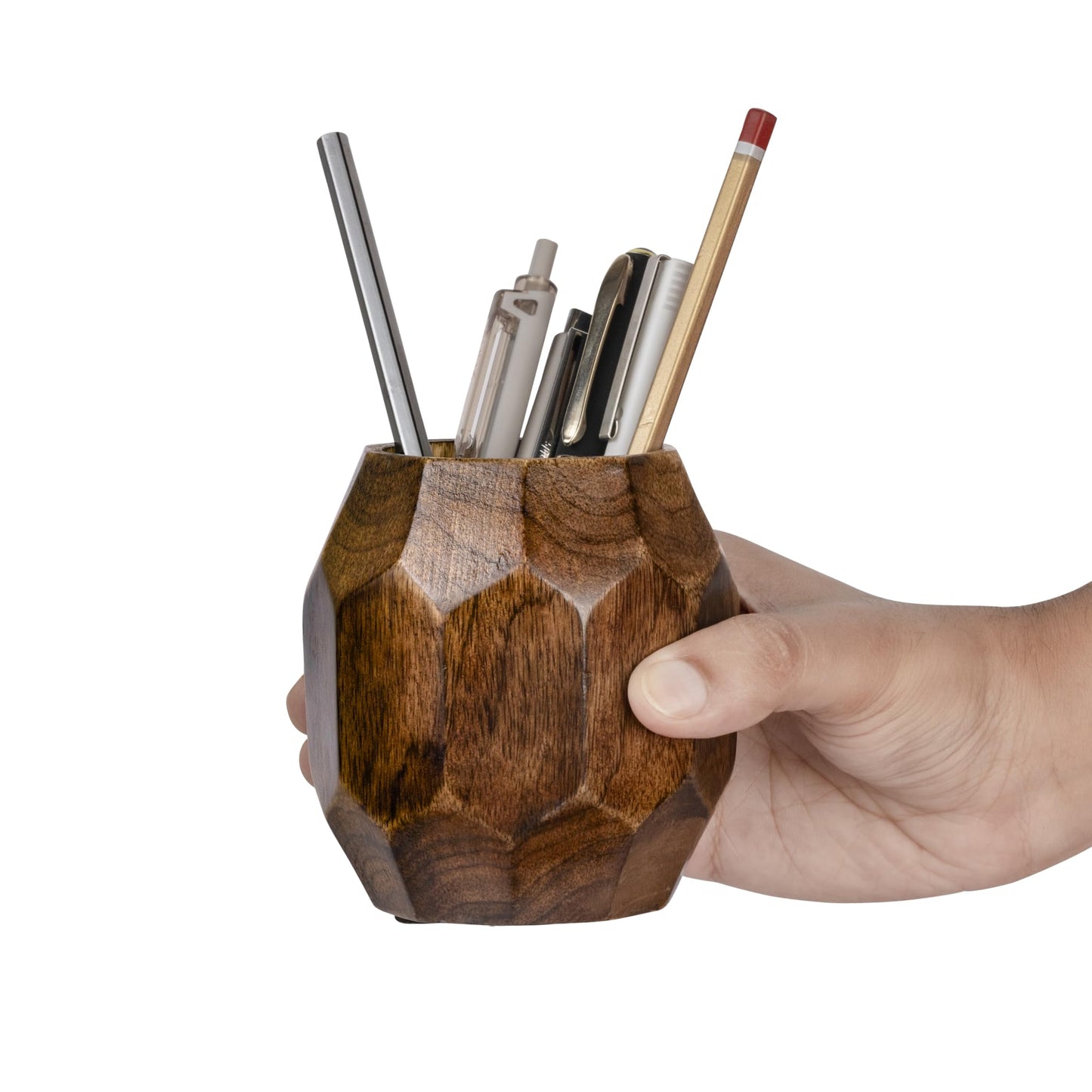 Mie Creations Geometric Wooden Pencil Holder for Desk Table | Wood Pen Cup Stand for Office, Cute Desktop Organizer for Makeup Brushes, Stationery Decor | Rustic Christmas Holiday Gifts- Brown 4''