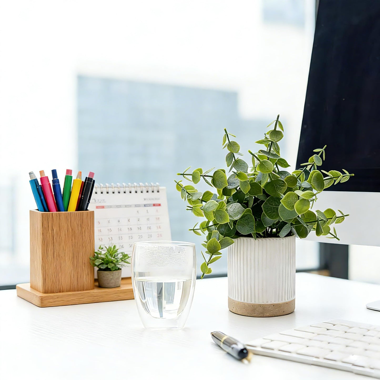 Coferset Small Fake Plants Eucalyptus Potted Artificial Plants Faux Plant Greenery in Ceramic Pot for Bedroom Kitchen House Living Room Shelves Farmhouse Table Office Desk Bathroom Home Indoor Decor