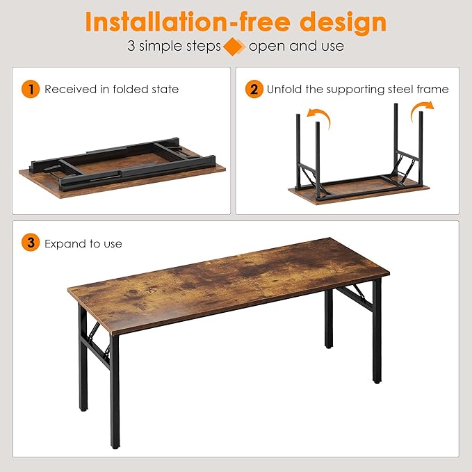Need Large Computer Desk, 62 inches Long Office Desk, No Install Needed Folding Table Writing Table Workstation for Small Space, Rustic Brown