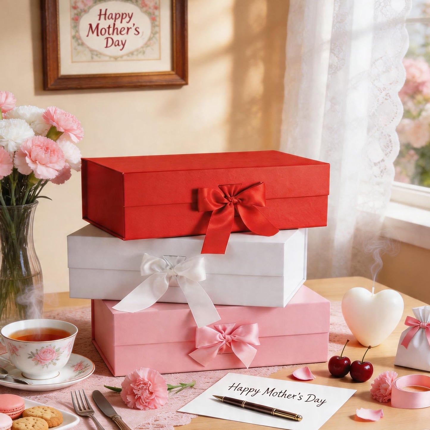 HAPPY POTATO 5 Large Gift Boxes with Lids and Ribbon 13.5x9x4.1 Inches, Bridesmaid Proposal Boxes, Magnetic White Gift Boxes for presents (Glossy White, Pack of 5)