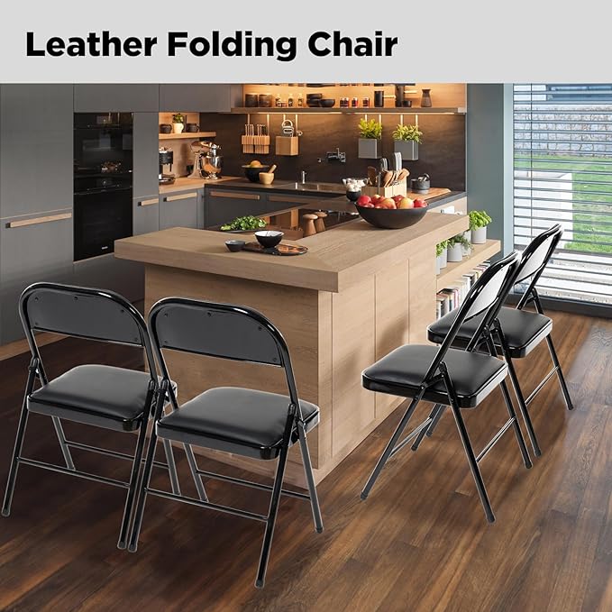 6 Pack Folding Chairs with Padded Seats, Padded Folding Chair with Steel Frame for Events Home Office, Pu Leather Folding Chair Black