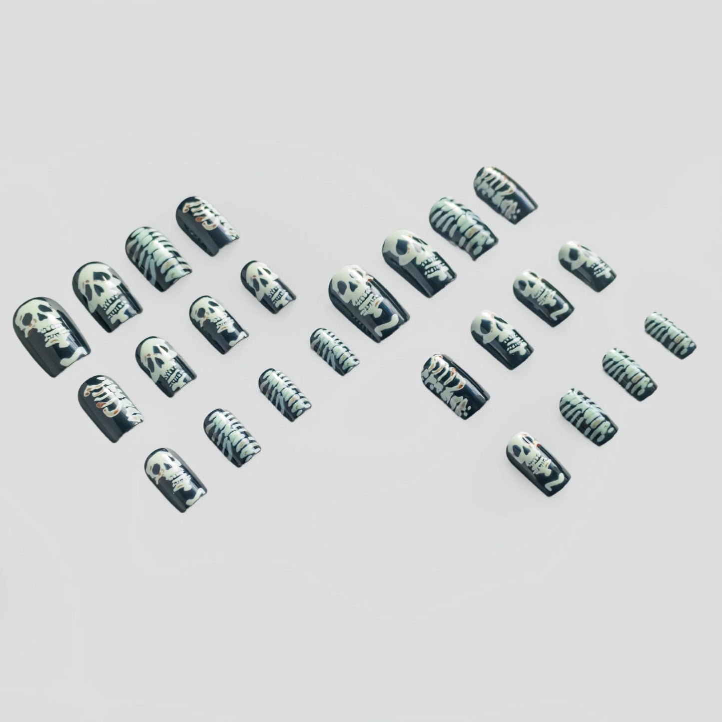 BABALAL Press on Nails Medium Square Fake Nails Black Gothic Glue on Skull Glossy Acrylic False Nails 24Pcs Squoval Manicure Full Cover Artificial Nails for Women Girls