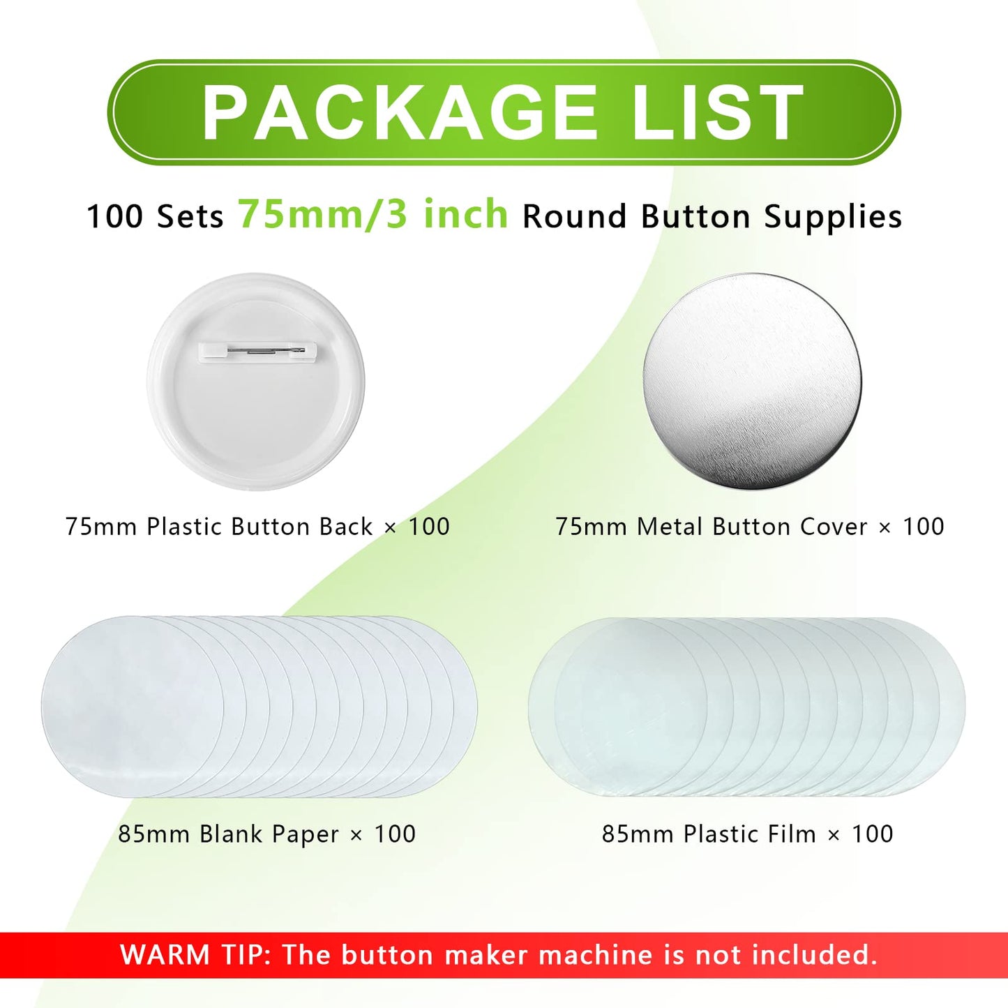 3 inch /75mm Blank Button Supplies Round Badges Buttons Parts for Button Maker 75mm Button Attachment, Button Making Supplies with Pin Cover, Pin Backs, Plastic Films, Blank Circle Paper