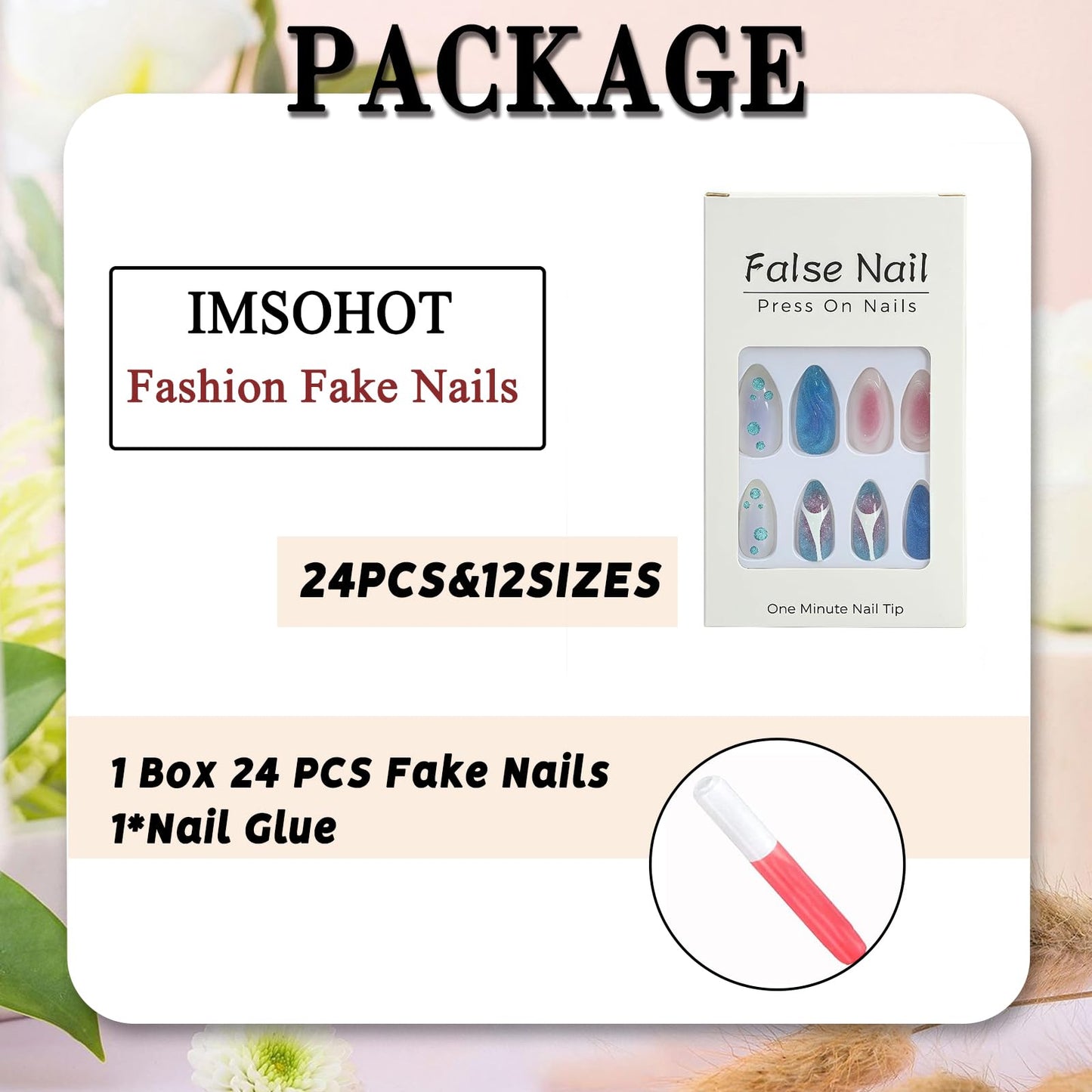 IMSOHOT Almond Press on Nails Medium Fake Nails Blue White Ombre False Nails with 3D Designs Glossy Glue on Nails Full Cover Cute Gel Handmade Summer Nail Supplies 24Pcs