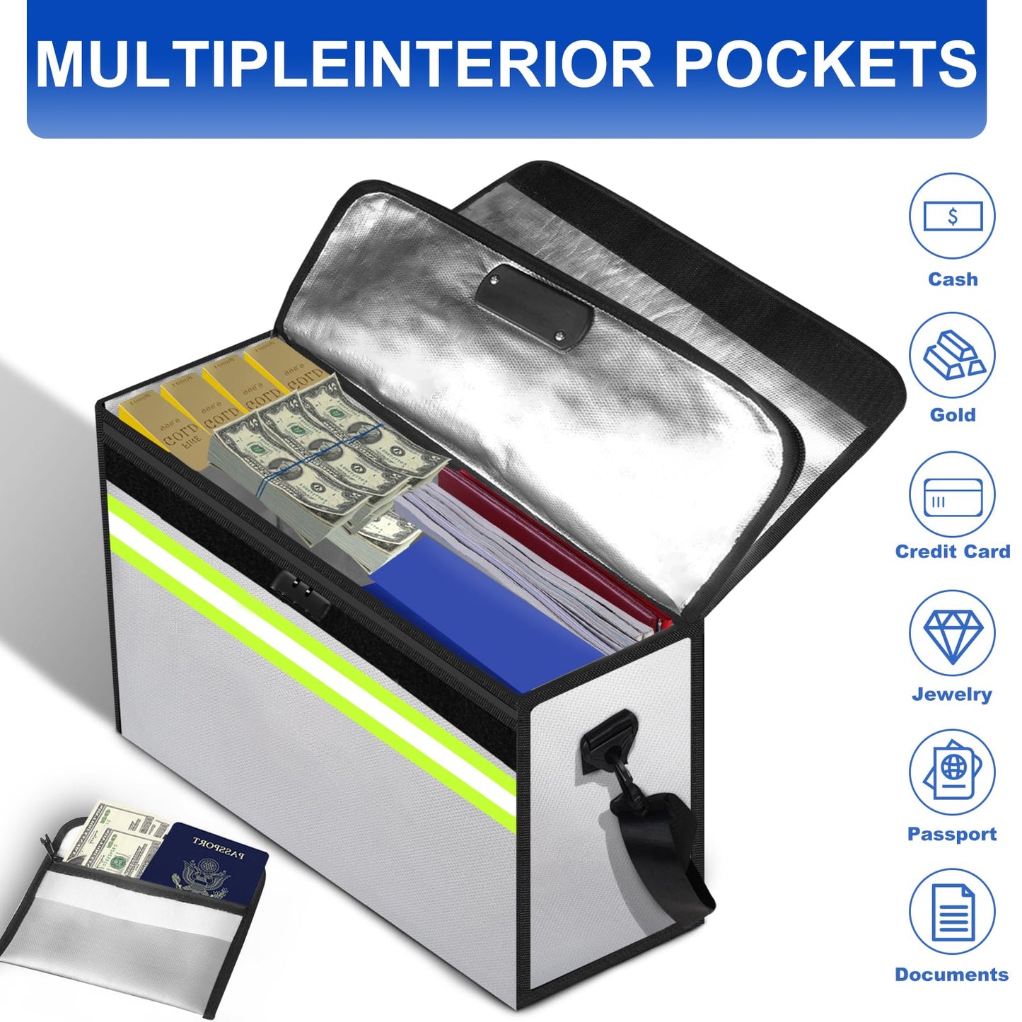 File Organizer Bag with Removable Folder Layers/Wallet,6500°F Fireproof Document Organizer with Lock&Reflective Strip,Portable Home Travel Safe Storage Box for Important Documents(14.1x9.5x4.2 inches)