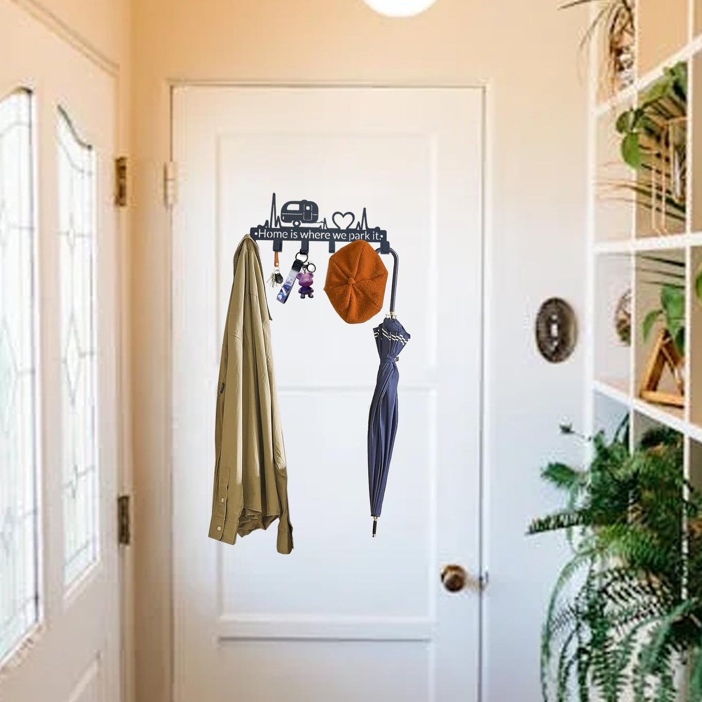 Msimplism.D Key Holder Wall Mount with 6 Hooks, Happy Camper Key Rack Organizer for Entryway, Kitchen, Office - Rustproof, Waterproof - Easy Installation, Gift for New Homeowners - 9.8inch/25cm