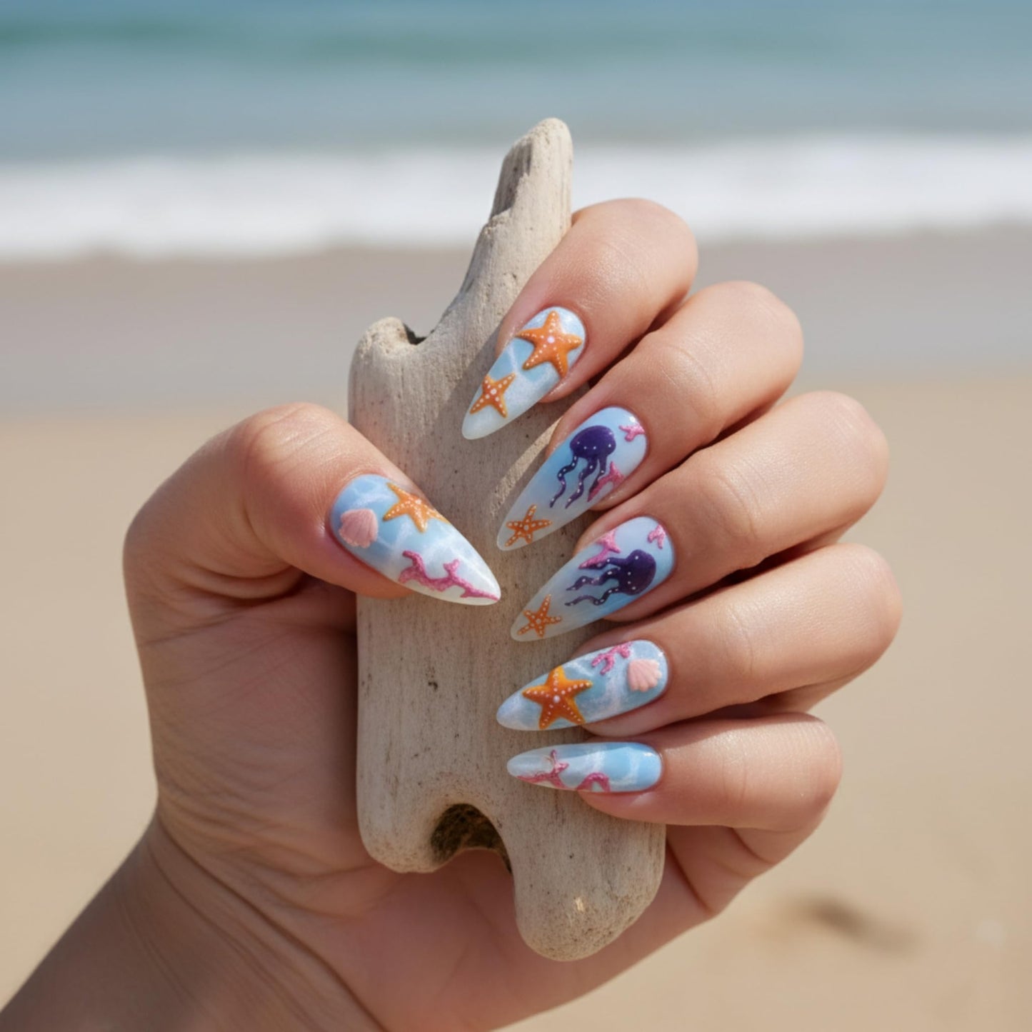 Long Press on Nails Almond Fake Nails Blue Artificial Nail Seeneey Summer Beach Stick on Nail for Women 24pcs