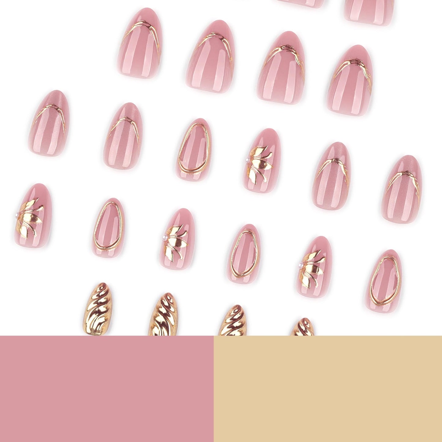 CTTHNBD Short Press on Nails Almond - Pink Fake Nails with Gold Line Design - Glossy Full Cover Stick on False Nails for Women 24 Pcs