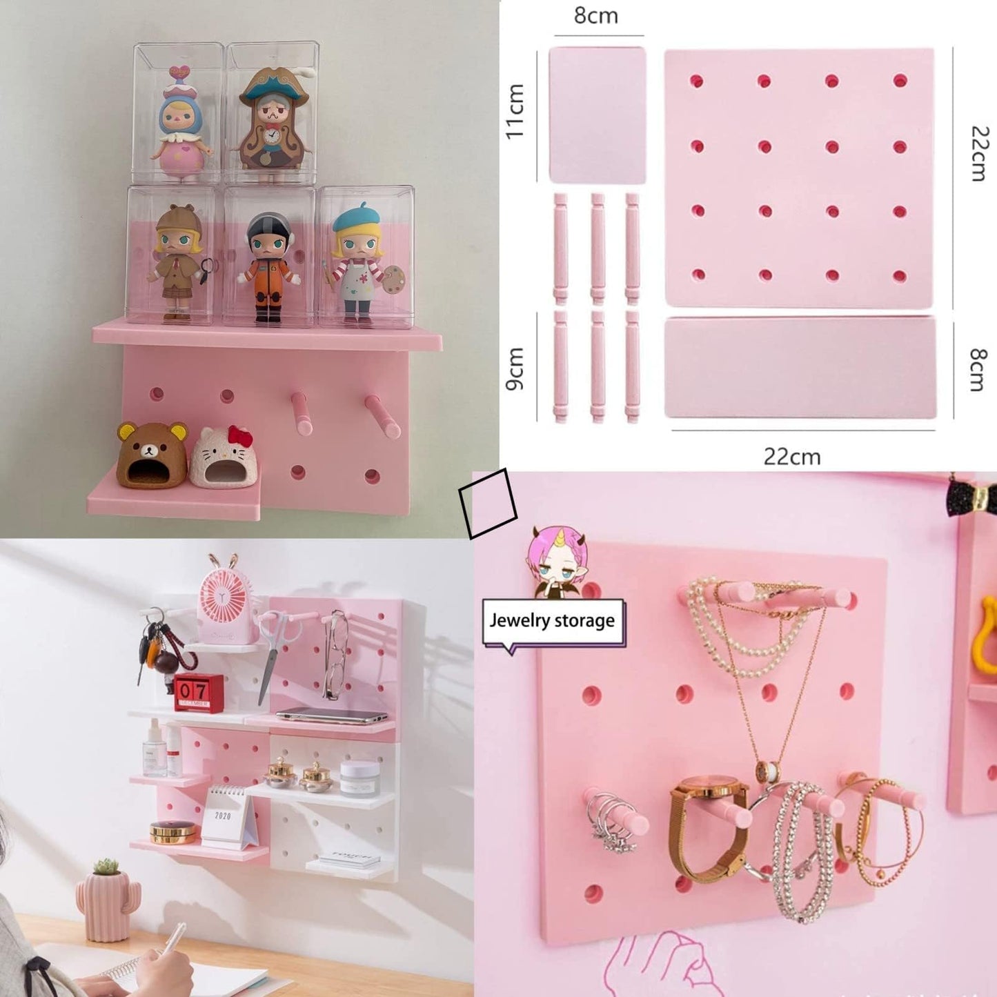 HGYZE Peg Boards for Wall with Shelf & Hooks, No Punching Craft Storage, Small Pegboard Ledges Organizer for Hanging Keychains, 4 Pack Decorative Wall Panel Kits for Blindboxes Lightweight Dolls, Pink