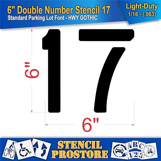 Pavement, Curb, and WheelStop Stencils - 6 inch Double Number Stencil - (17) - 6" x 6" x 1/16" (63 mil) - Light-Duty