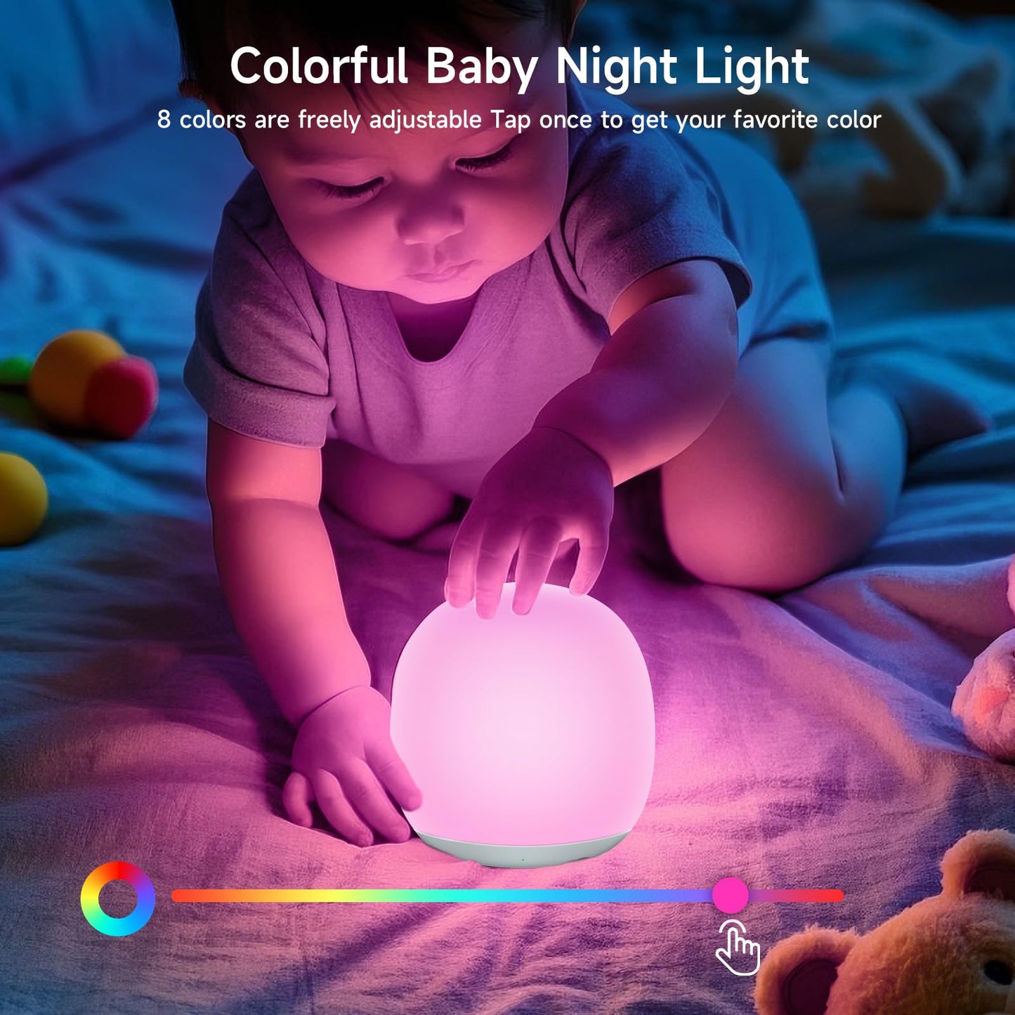 Tyute Baby Night Light, Nursery Night Lamp with 8 RGB Colors Changing, Soft BPA Free Silicone Touch Night Light for Kids Room Breastfeeding, 1h Timer, Rechargeable & Stepless Dimming