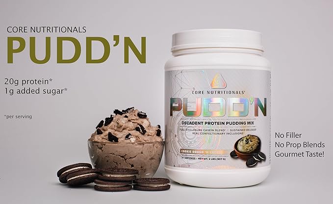 Core Nutritionals Pudd'n, Decadent Protein Pudding Mix, Full Disclosure Casein Blend, Sustained Release, 20G Protein, 27 Servings (Cookie Dough'n Cream, 2 lb)