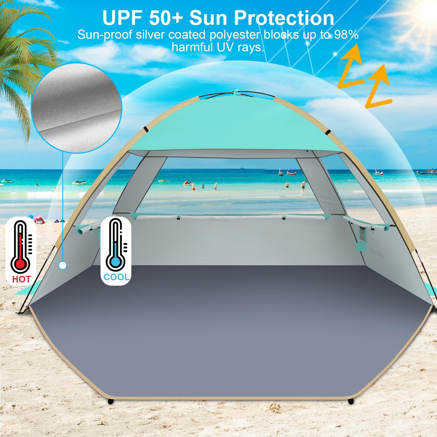 Gorich Beach Tent Sun Shelter for 3/4/6/8/10 Person with UPF 50＋ UV Protection, Lightweight & Easy Setup Beach Shade Canopy, Portable Beach Shade Tent Beach Cabana