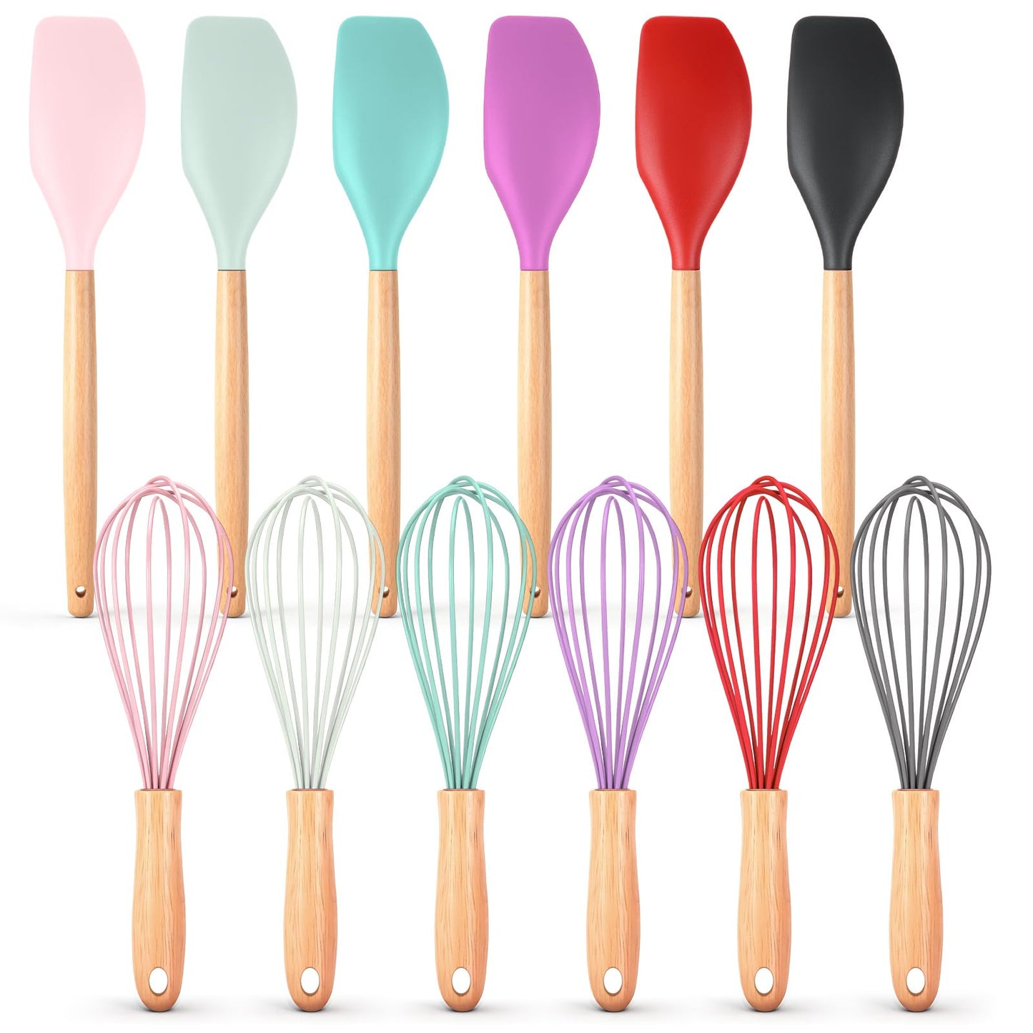 Funnymoom 12 Pcs Small Silicone Whisks and Spatulas with Wooden Handle for Cooking 10 Inch Mini Whisk Spatula Non Stick Kitchen Baking Essentials Cookware for Valentines Day Party Favor Gift Supplies