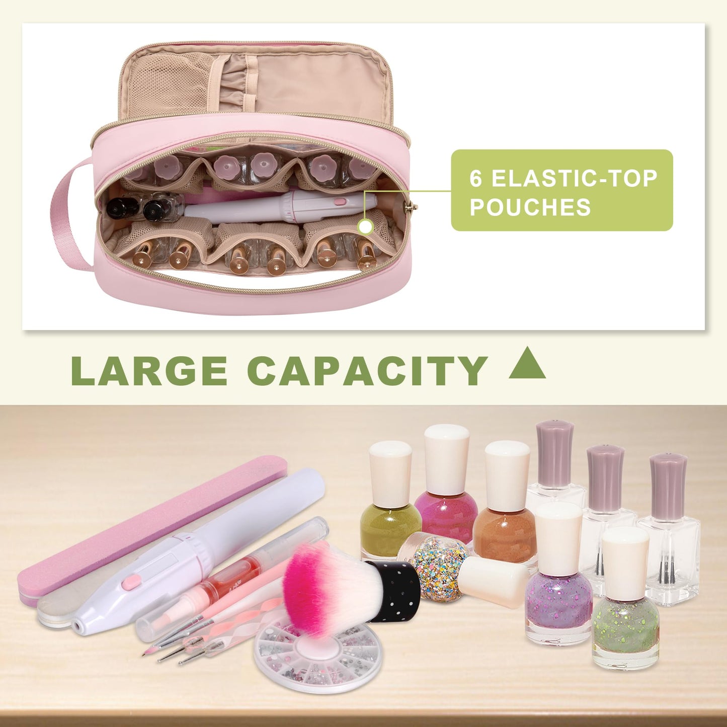 Prokva Nail Polish Organizer Case Fits 12 Bottles (15ml), Nail Polish Supplies Storage Bag with Clear Window, Pink