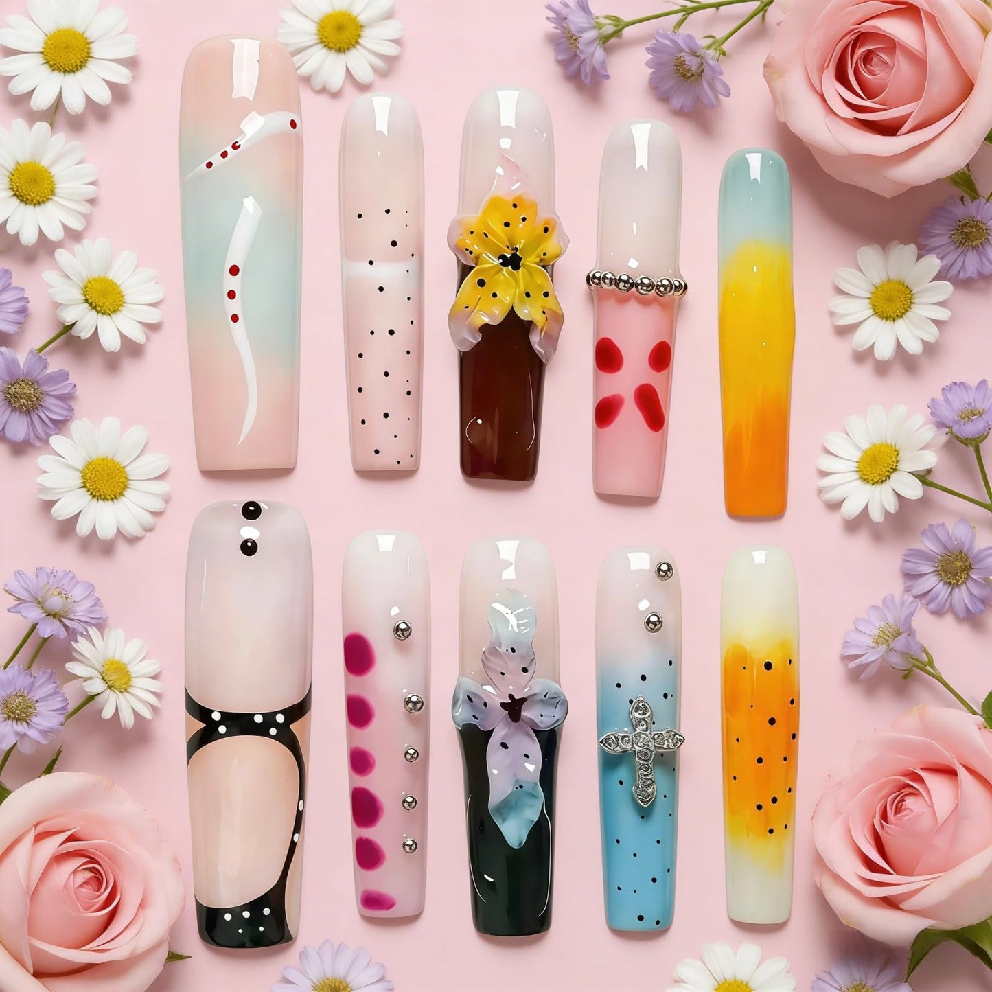 Tesytto Luxury Handmade Press on Nails - Long Square French Tips Press on Nail with 3D Flowers & Rhinestones Cross Design，Multi-Layer Gel False Nails for Women (Ice Crystal Water Lily,M)